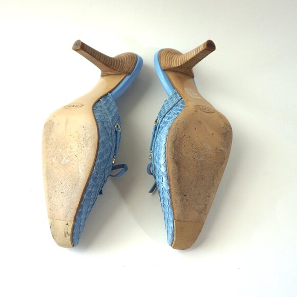 TOD'S Light Blue Leather Mules Size 6 Snakeskin Pattern - Picture 7 of 10
